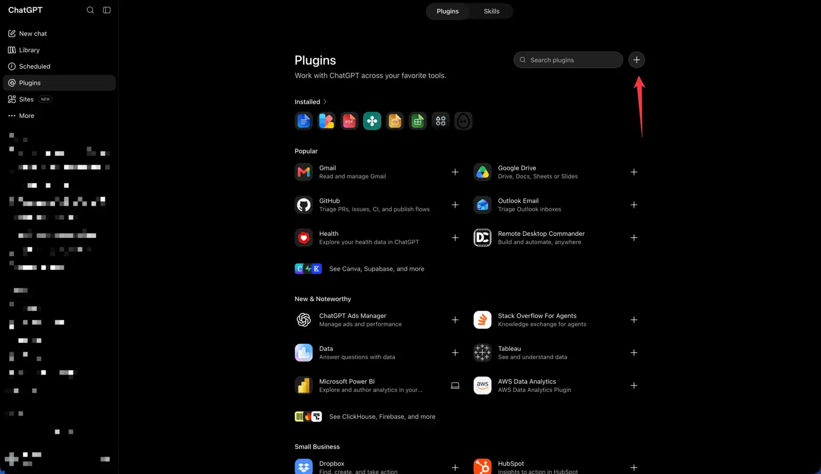 ChatGPT's Plugins settings page. A plus button sits at the top right of the page, next to the Search plugins field, marked with an arrow.
