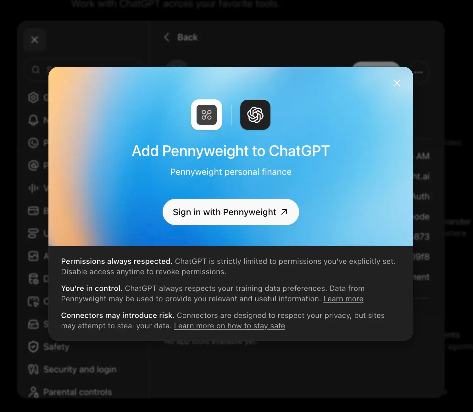 ChatGPT's 'Add Pennyweight to ChatGPT' panel, with a 'Sign in with Pennyweight' button and notes about permissions and connector risk.