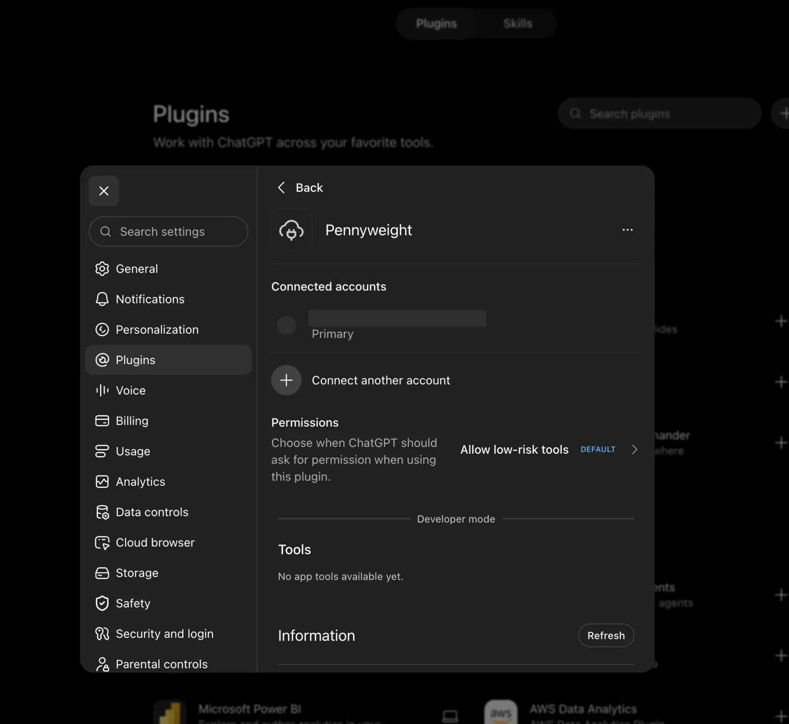 Pennyweight's plugin settings in ChatGPT, showing a connected account (redacted), Permissions set to 'Allow low-risk tools', and a Tools section reading 'No app tools available yet'.